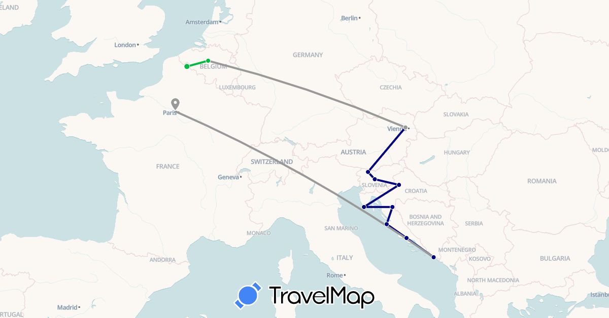 TravelMap itinerary: driving, bus, plane in Austria, Belgium, France, Croatia, Slovenia (Europe)